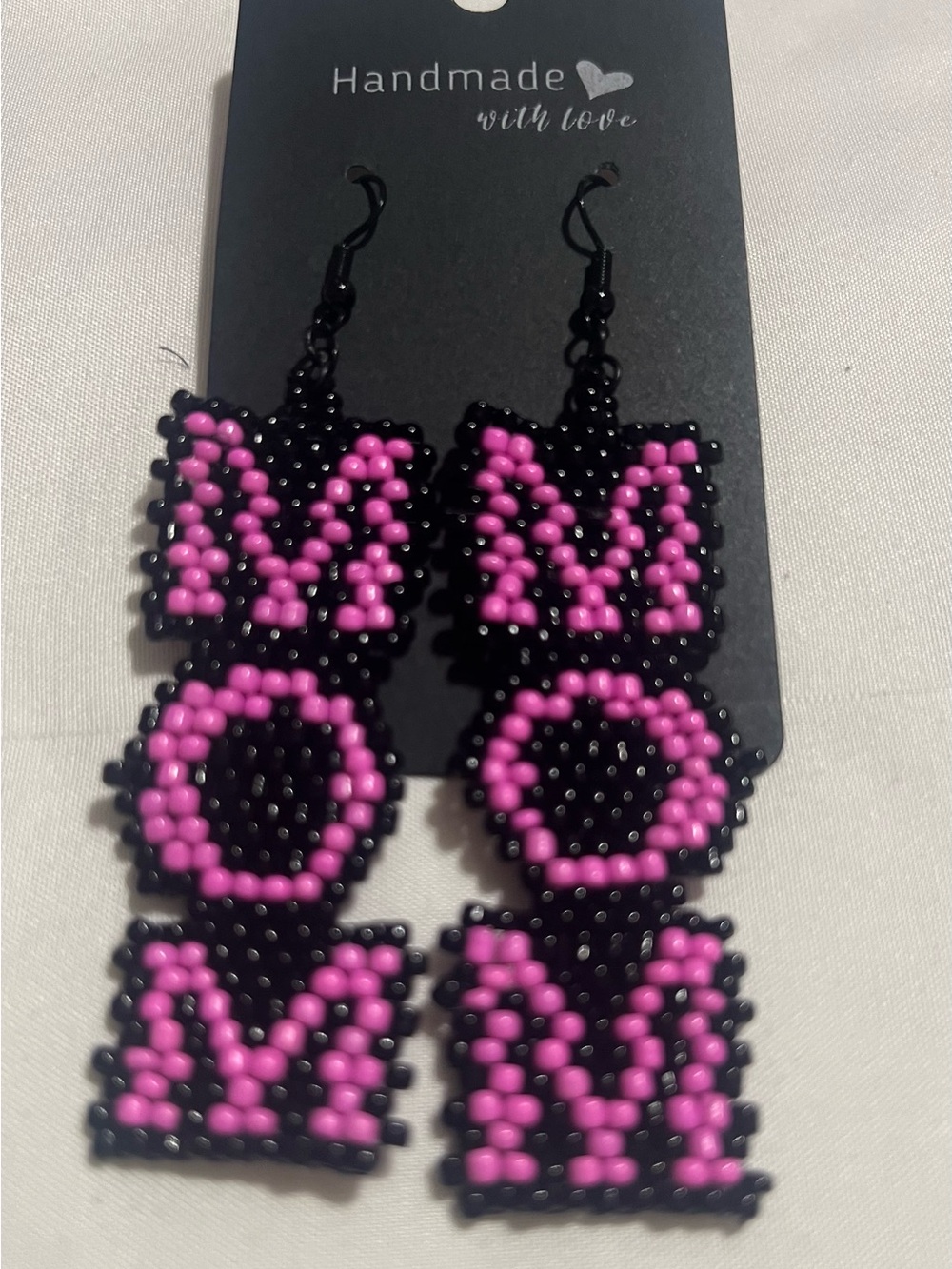 Black and Pink 'MOM' Beaded Drop Earrings